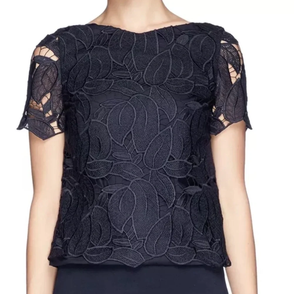 Tory Burch Women's Lace Short Sleeve Navy Top Blouse, Size 4